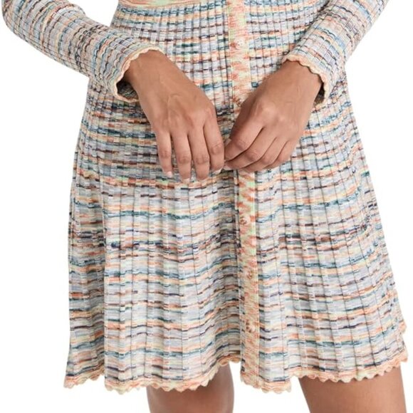 Shoshanna Women's Mini Dress Size L Multicolor Scalloped Hem Knit Ribbed V Neck - Picture 4 of 14